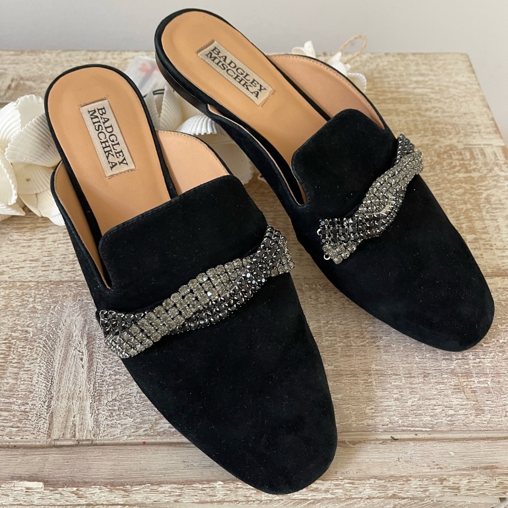 Badgley Mischka Black Mule Rhinestone Flats Size 7